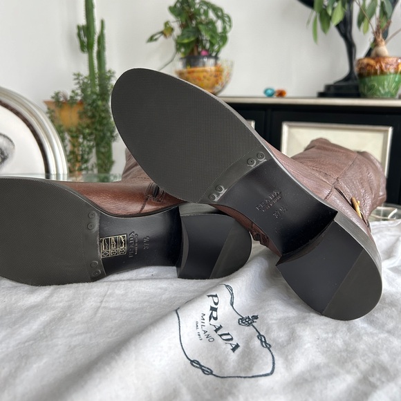 NWOT Prada deerskin leather brown and brass knee high boots - Picture 8 of 9